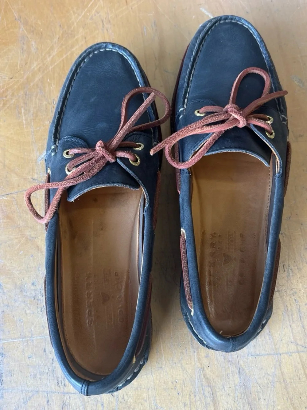 Men's Sperry Topsider Gold Cup Navy Leather Boat Shoes with Brown Laces